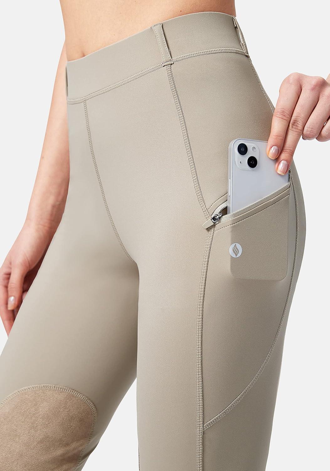 imageSANTINY Womens Horse Riding Pants with Zipper Pockets KneePatch Schooling Tights Equestrian Breeches for WomenTaupe