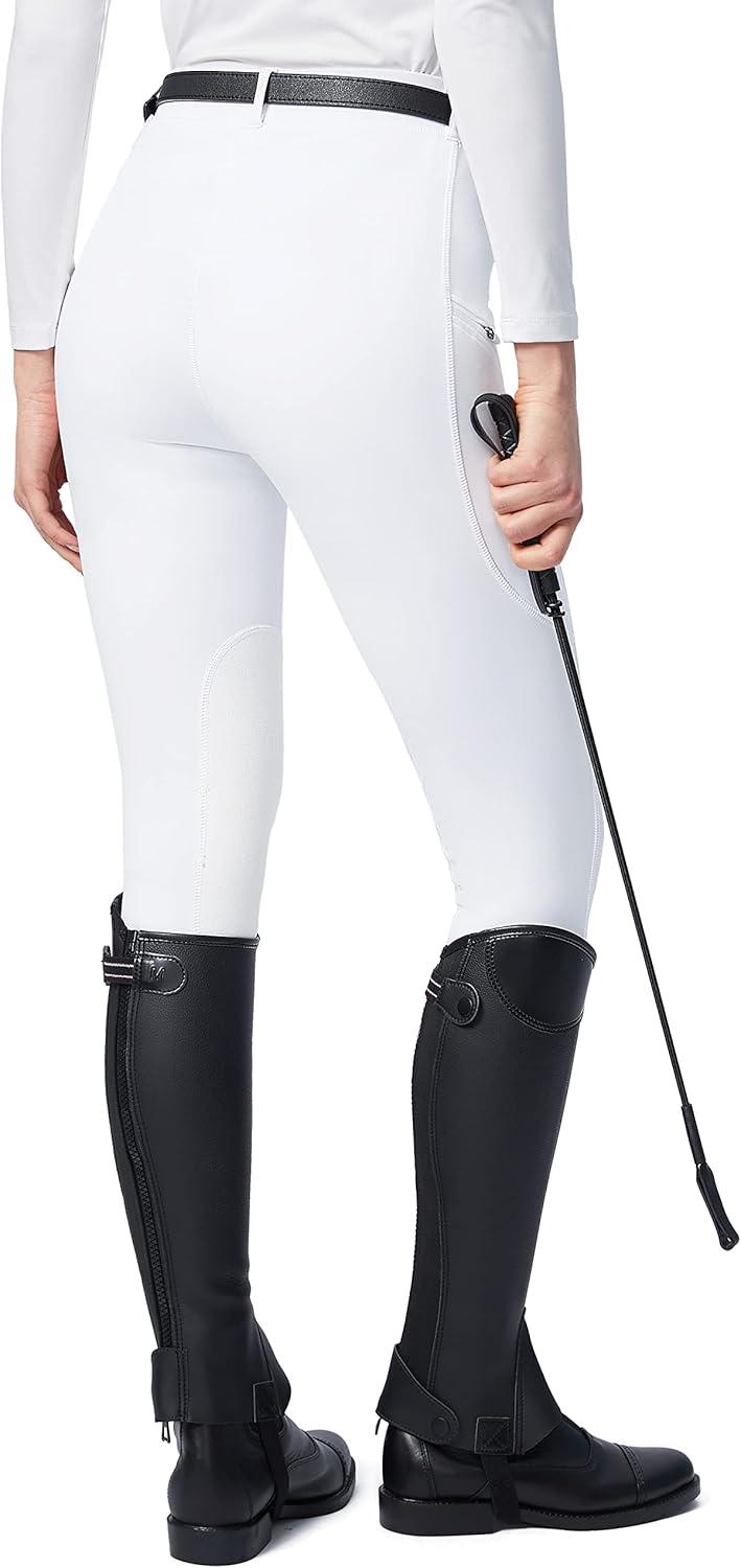 imageSANTINY Womens Horse Riding Pants with Zipper Pockets KneePatch Schooling Tights Equestrian Breeches for WomenWhite