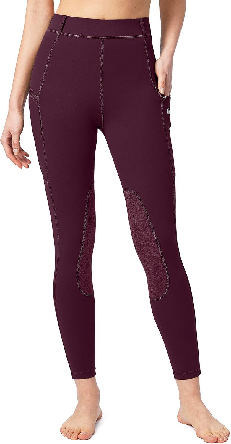 imageSANTINY Womens Horse Riding Pants with Zipper Pockets KneePatch Schooling Tights Equestrian Breeches for WomenWine