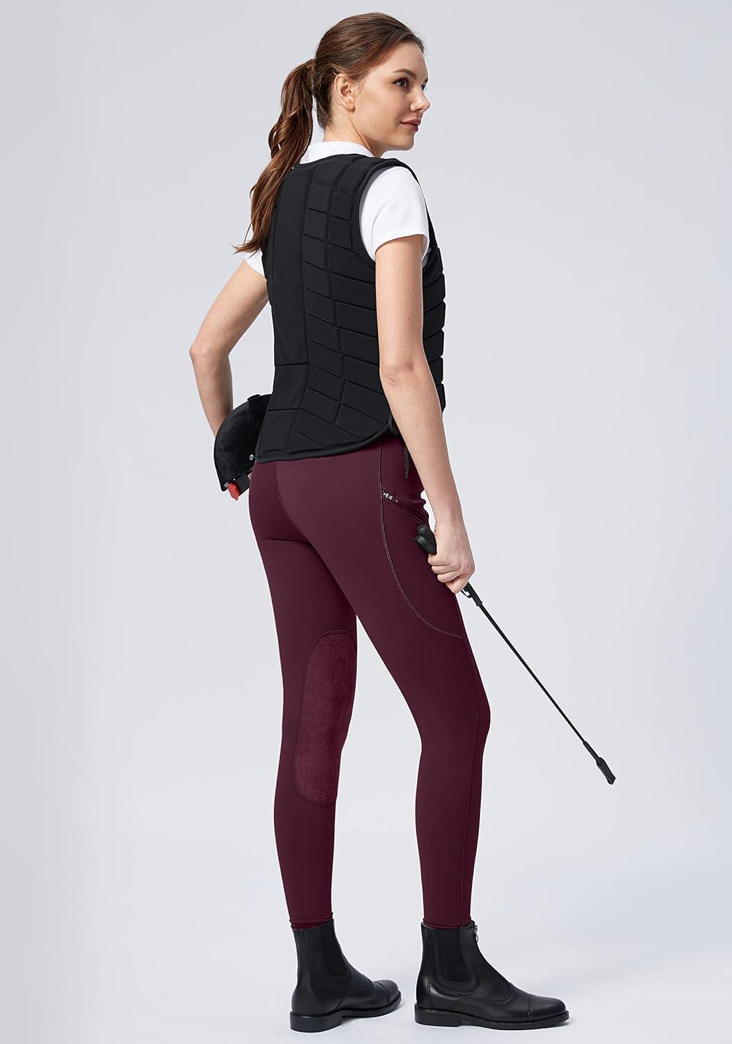 imageSANTINY Womens Horse Riding Pants with Zipper Pockets KneePatch Schooling Tights Equestrian Breeches for WomenWine