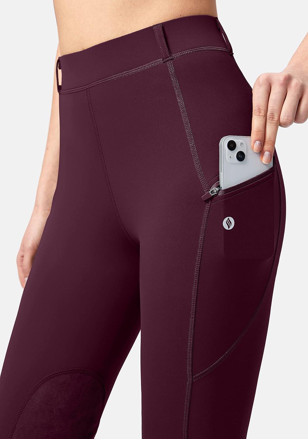 imageSANTINY Womens Horse Riding Pants with Zipper Pockets KneePatch Schooling Tights Equestrian Breeches for WomenWine