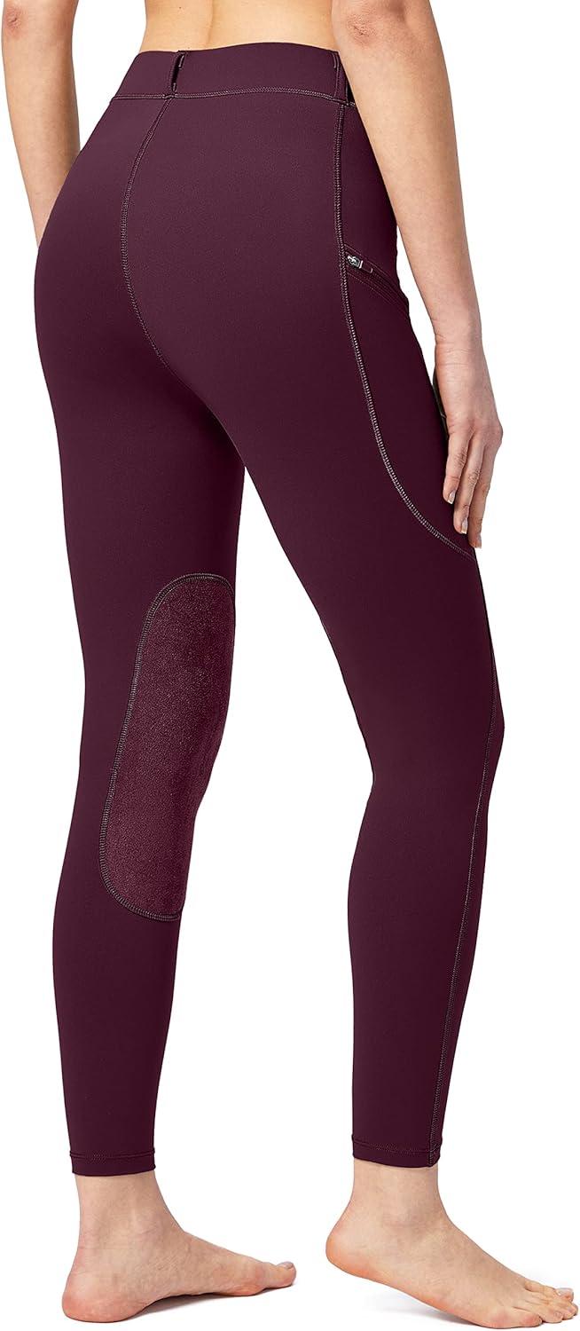 imageSANTINY Womens Horse Riding Pants with Zipper Pockets KneePatch Schooling Tights Equestrian Breeches for WomenWine