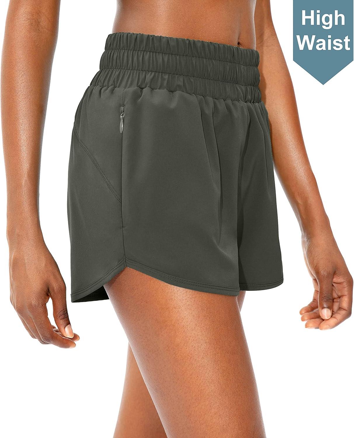 imageSANTINY Womens Running Shorts with Zip Pockets High Waisted Athletic Workout Gym Shorts for Women with LinerArmy Green