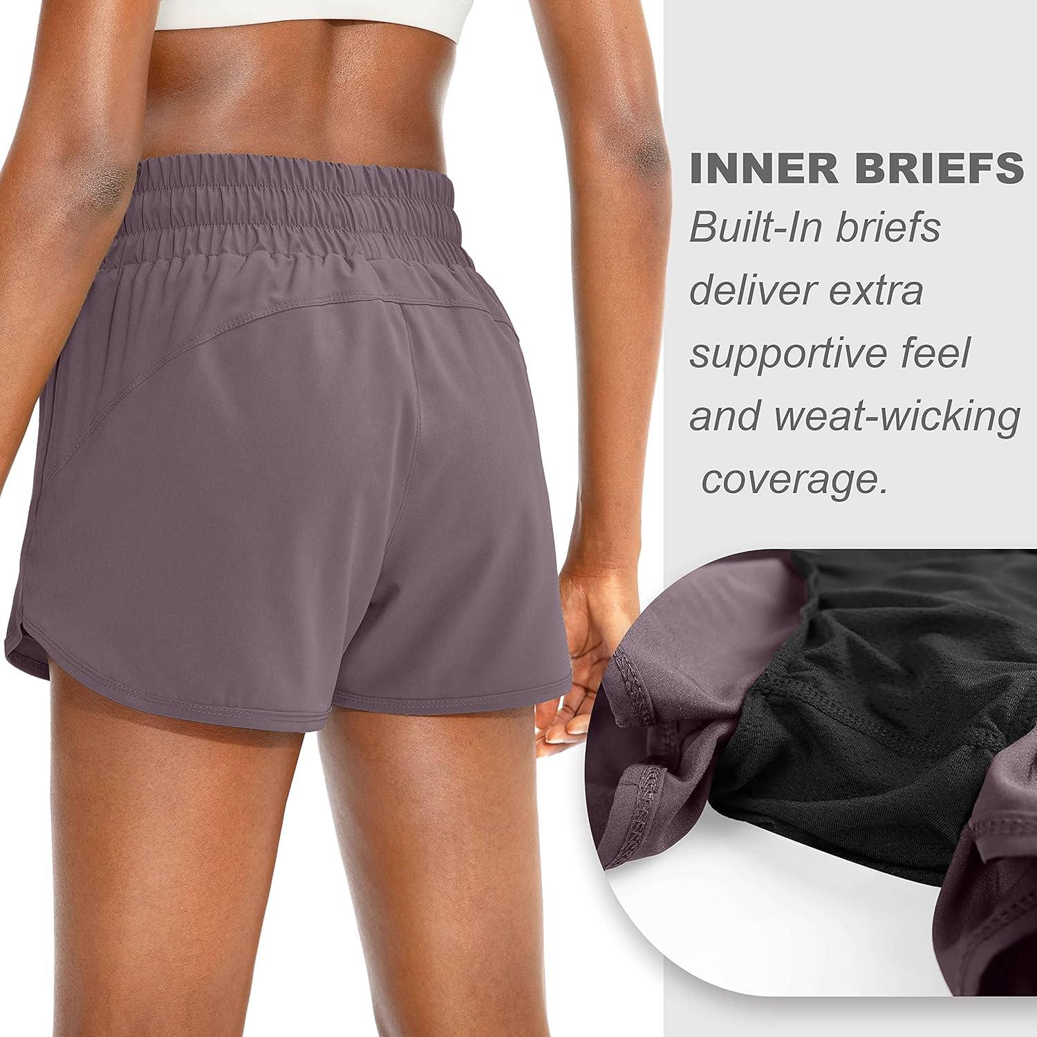 imageSANTINY Womens Running Shorts with Zip Pockets High Waisted Athletic Workout Gym Shorts for Women with LinerDusty Purple