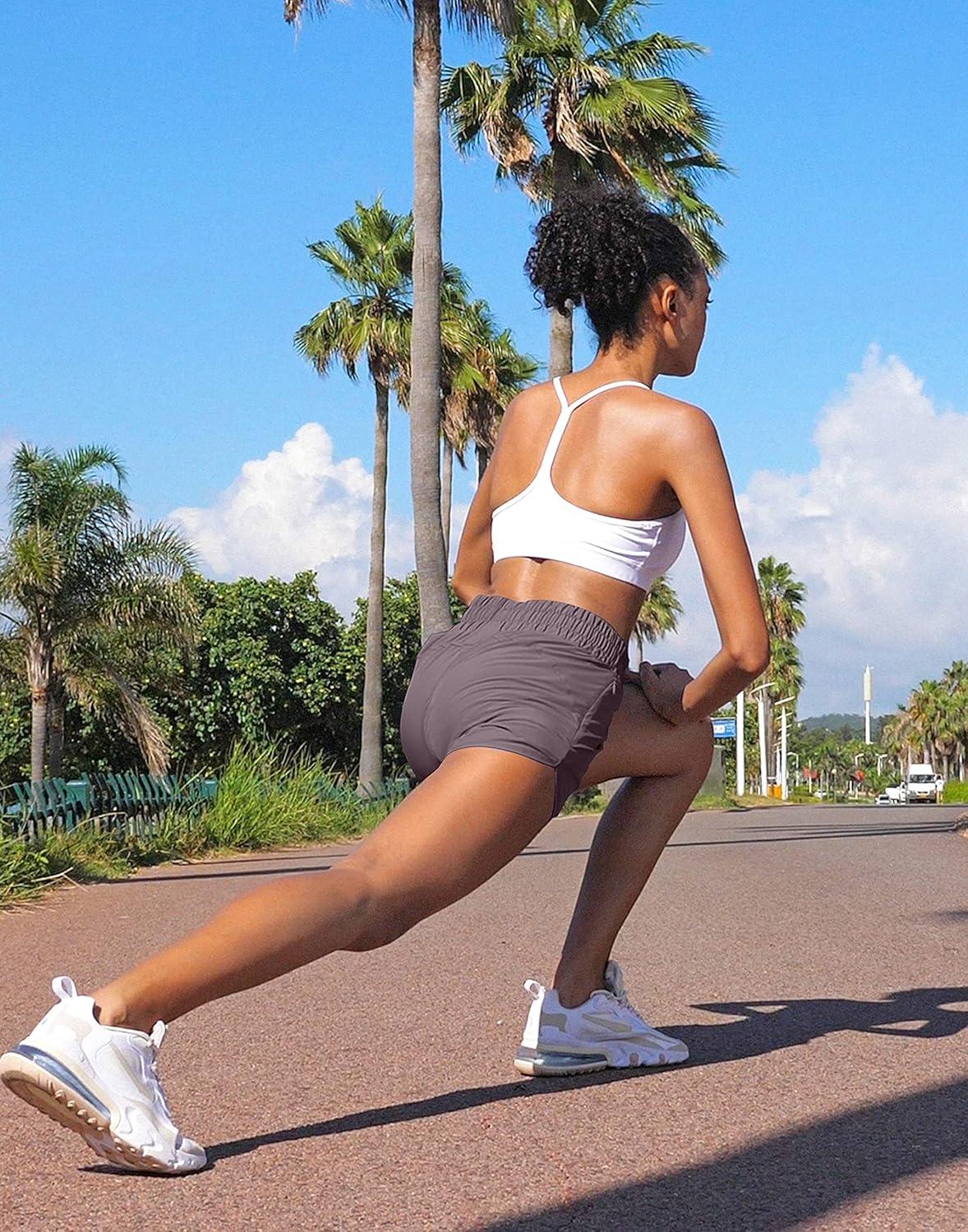 imageSANTINY Womens Running Shorts with Zip Pockets High Waisted Athletic Workout Gym Shorts for Women with LinerDusty Purple