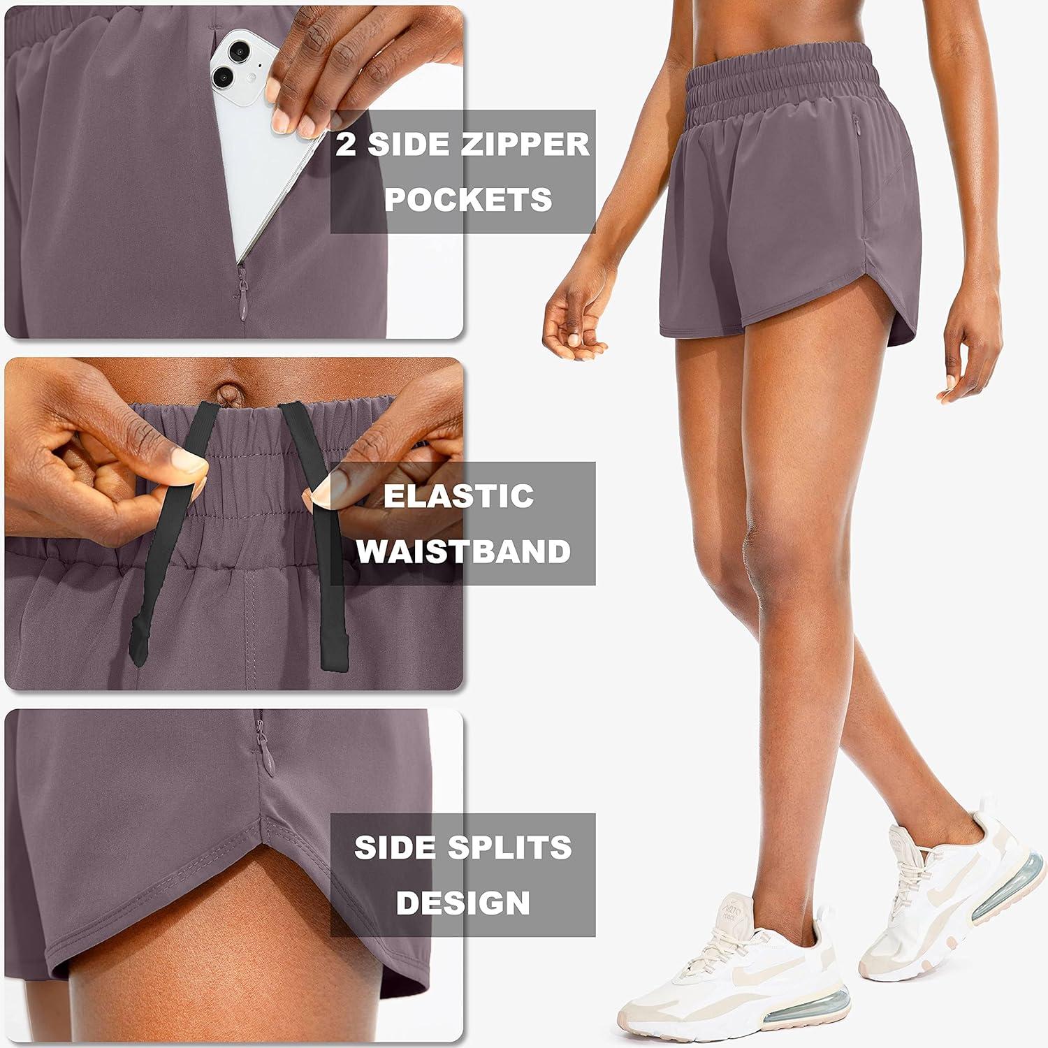 imageSANTINY Womens Running Shorts with Zip Pockets High Waisted Athletic Workout Gym Shorts for Women with LinerDusty Purple