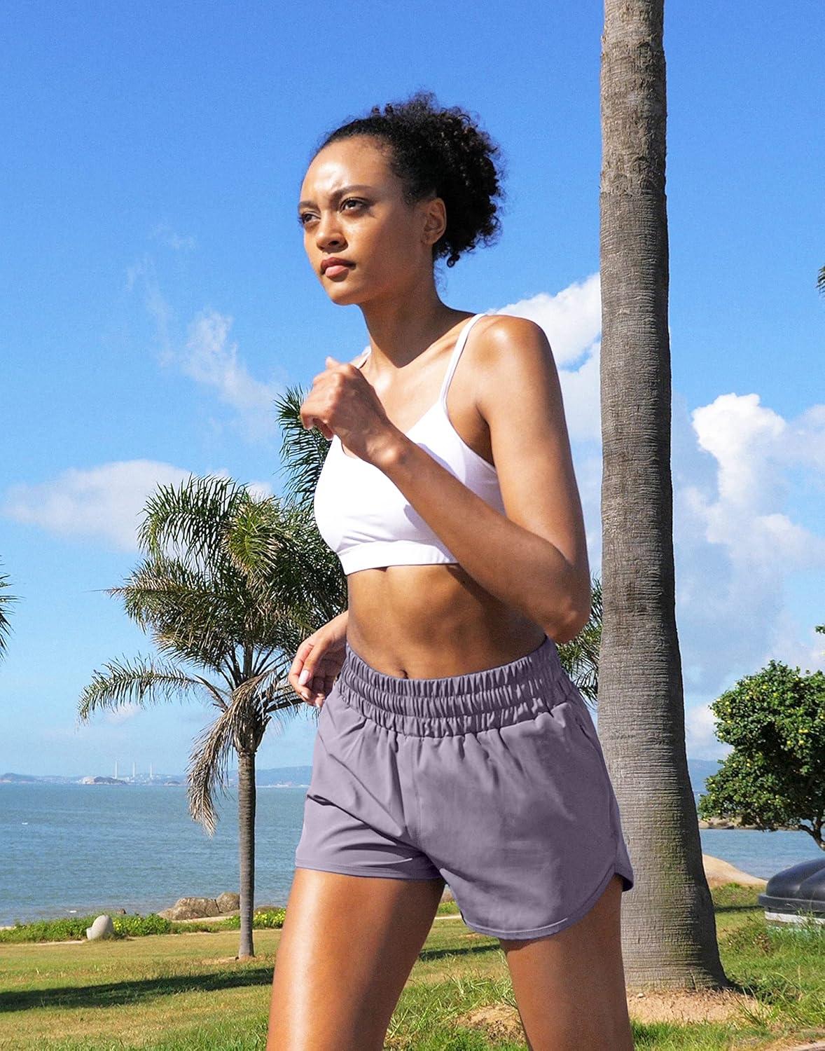 imageSANTINY Womens Running Shorts with Zip Pockets High Waisted Athletic Workout Gym Shorts for Women with LinerLavender Purple