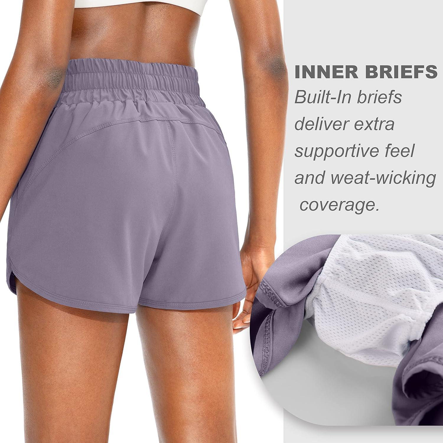 imageSANTINY Womens Running Shorts with Zip Pockets High Waisted Athletic Workout Gym Shorts for Women with LinerLavender Purple