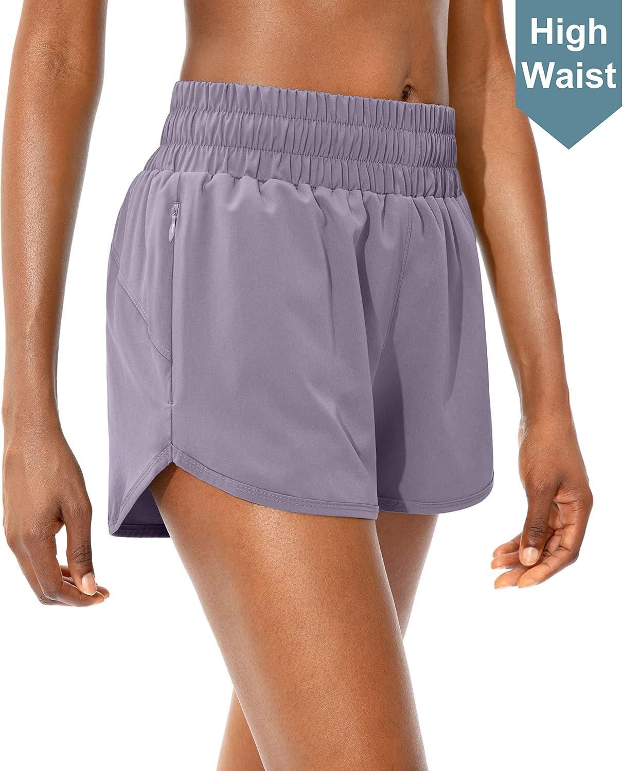 imageSANTINY Womens Running Shorts with Zip Pockets High Waisted Athletic Workout Gym Shorts for Women with LinerLavender Purple