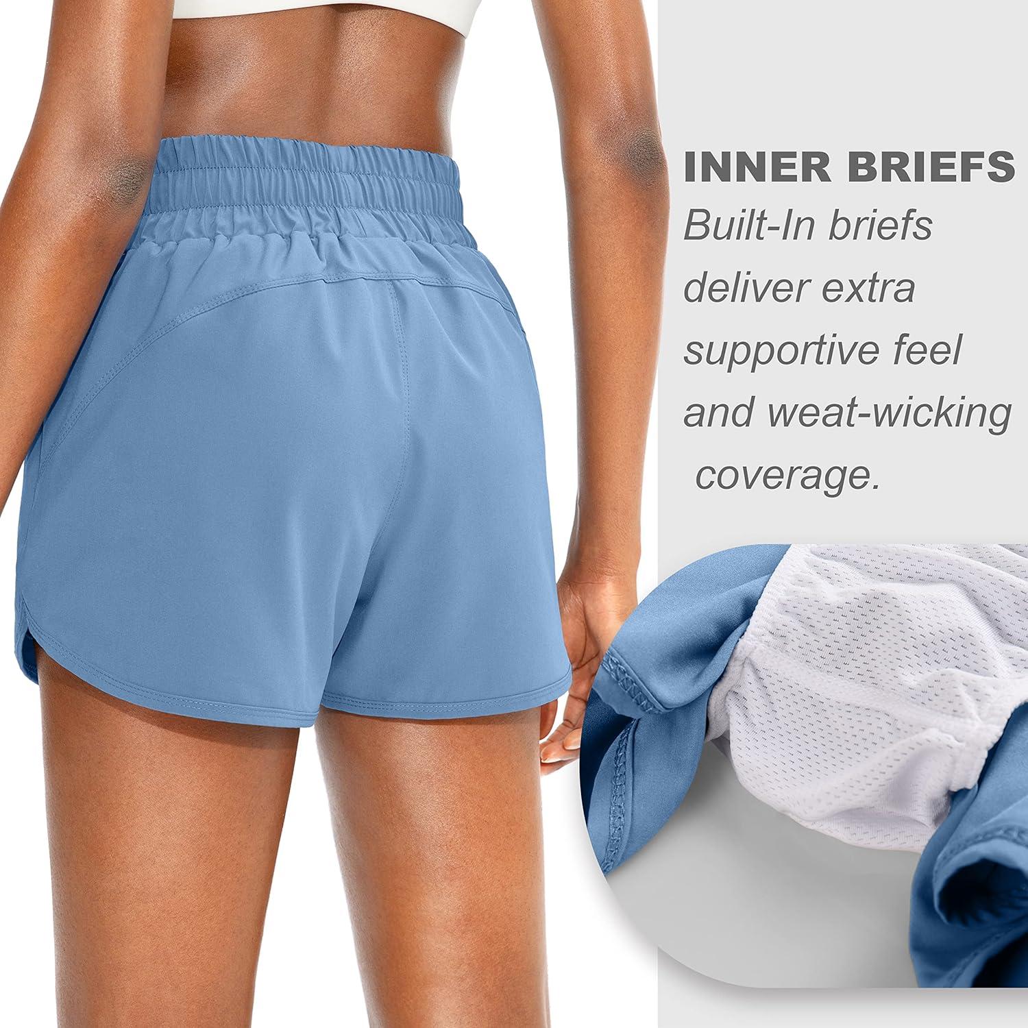 imageSANTINY Womens Running Shorts with Zip Pockets High Waisted Athletic Workout Gym Shorts for Women with LinerLight Blue