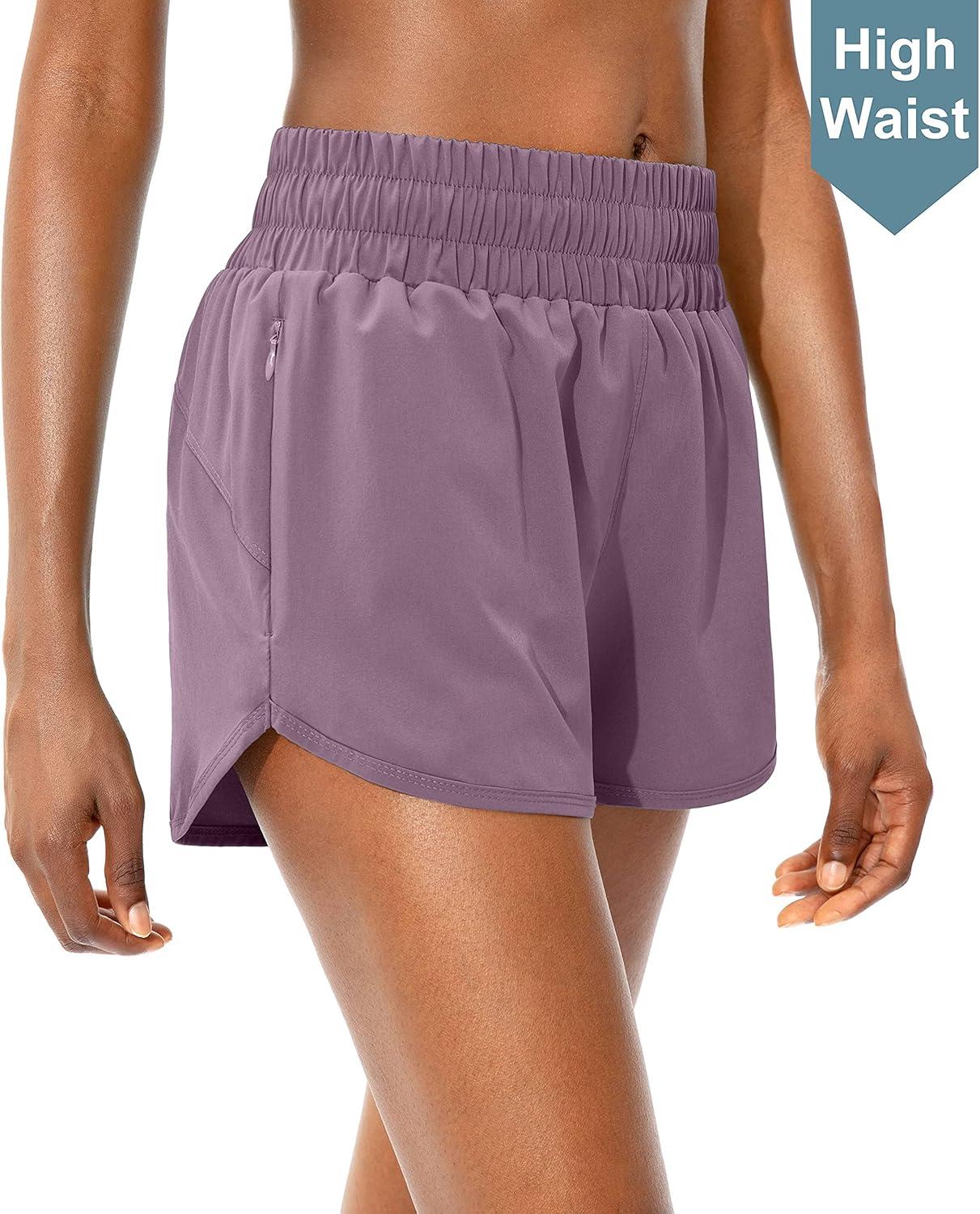 imageSANTINY Womens Running Shorts with Zip Pockets High Waisted Athletic Workout Gym Shorts for Women with LinerLight Purple