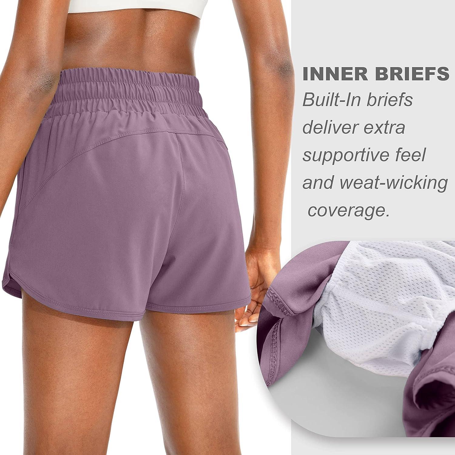 imageSANTINY Womens Running Shorts with Zip Pockets High Waisted Athletic Workout Gym Shorts for Women with LinerLight Purple