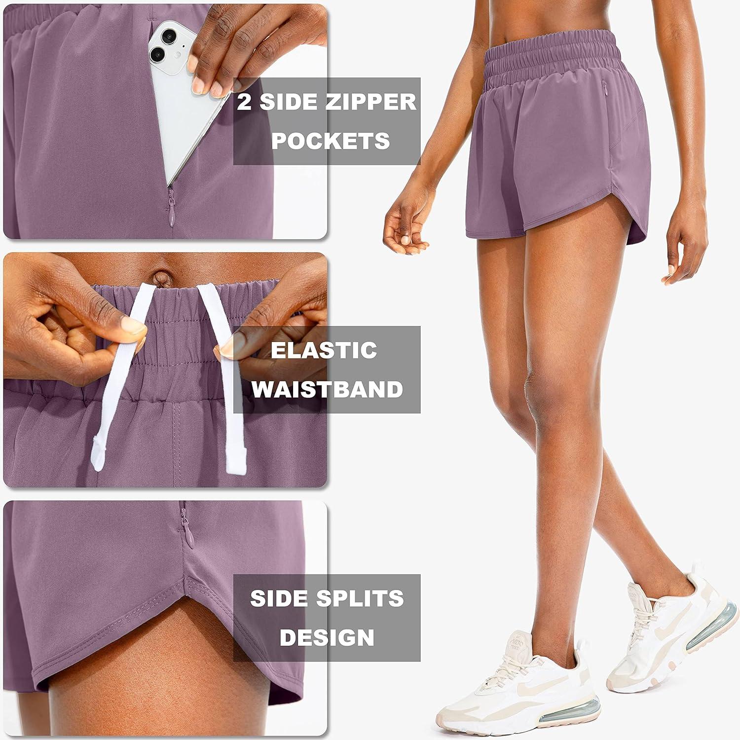 imageSANTINY Womens Running Shorts with Zip Pockets High Waisted Athletic Workout Gym Shorts for Women with LinerLight Purple