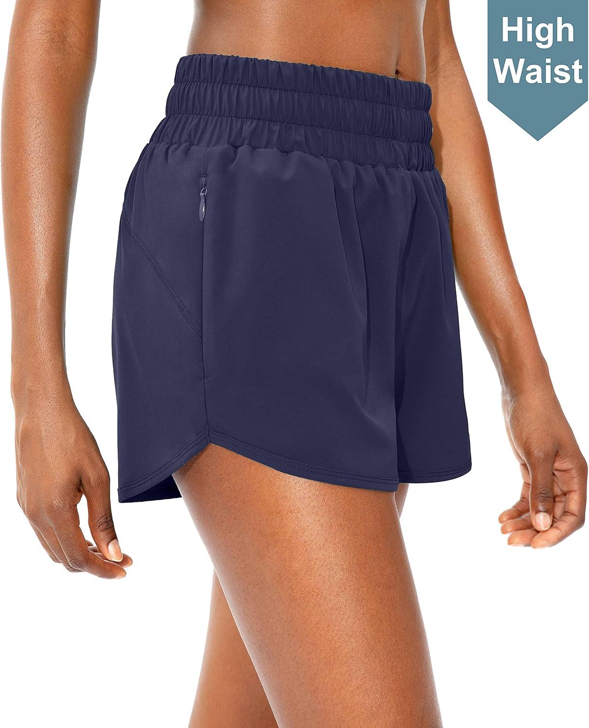 imageSANTINY Womens Running Shorts with Zip Pockets High Waisted Athletic Workout Gym Shorts for Women with LinerNavy