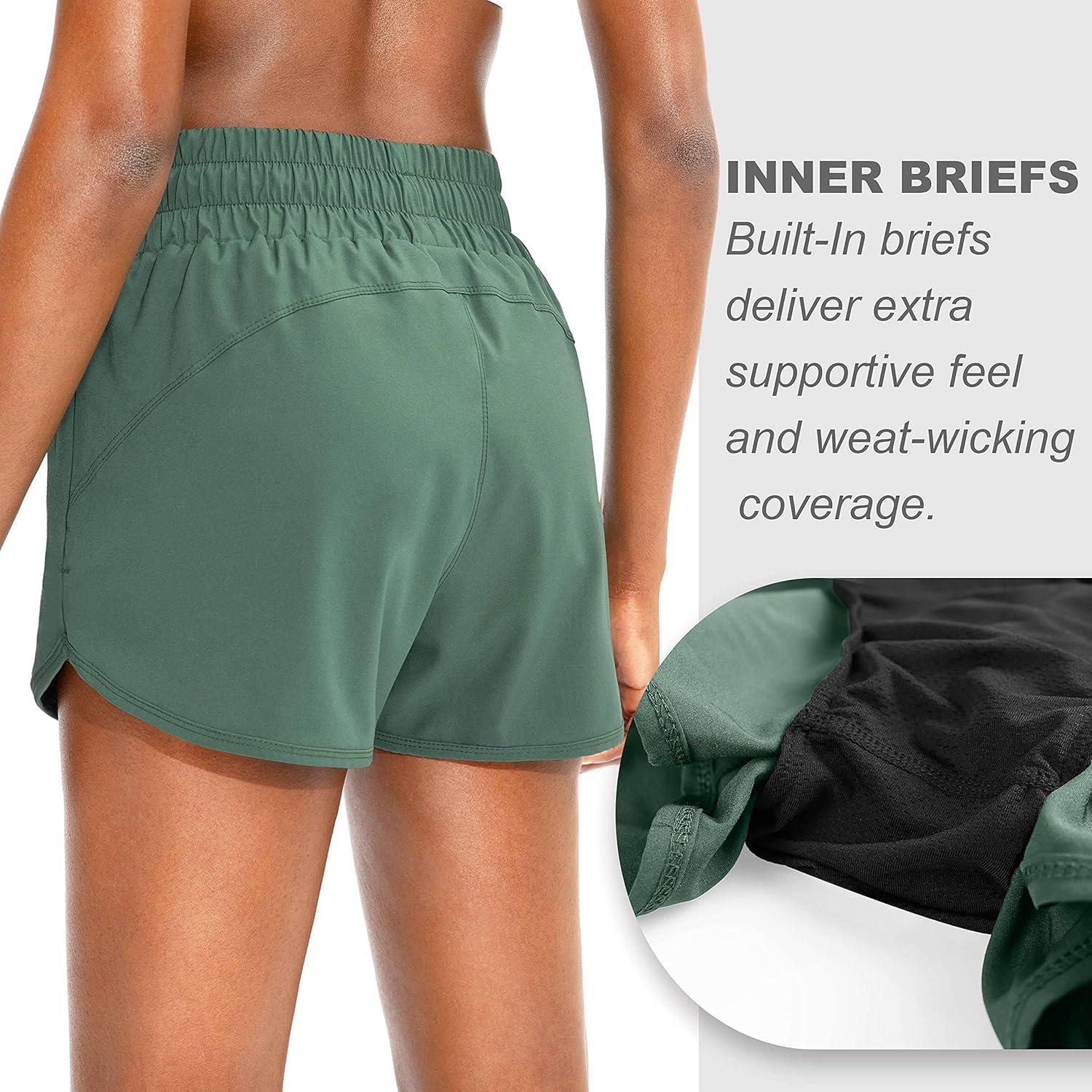 imageSANTINY Womens Running Shorts with Zip Pockets High Waisted Athletic Workout Gym Shorts for Women with LinerPorcelain Green