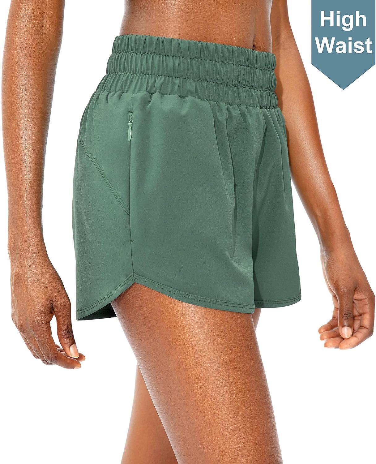 imageSANTINY Womens Running Shorts with Zip Pockets High Waisted Athletic Workout Gym Shorts for Women with LinerPorcelain Green