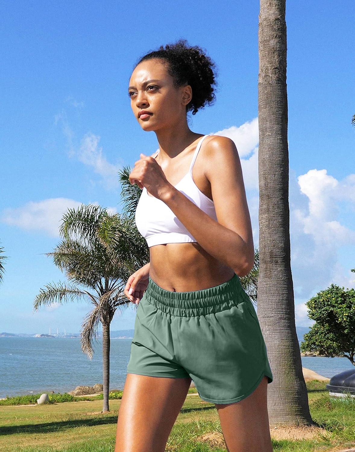 imageSANTINY Womens Running Shorts with Zip Pockets High Waisted Athletic Workout Gym Shorts for Women with LinerPorcelain Green