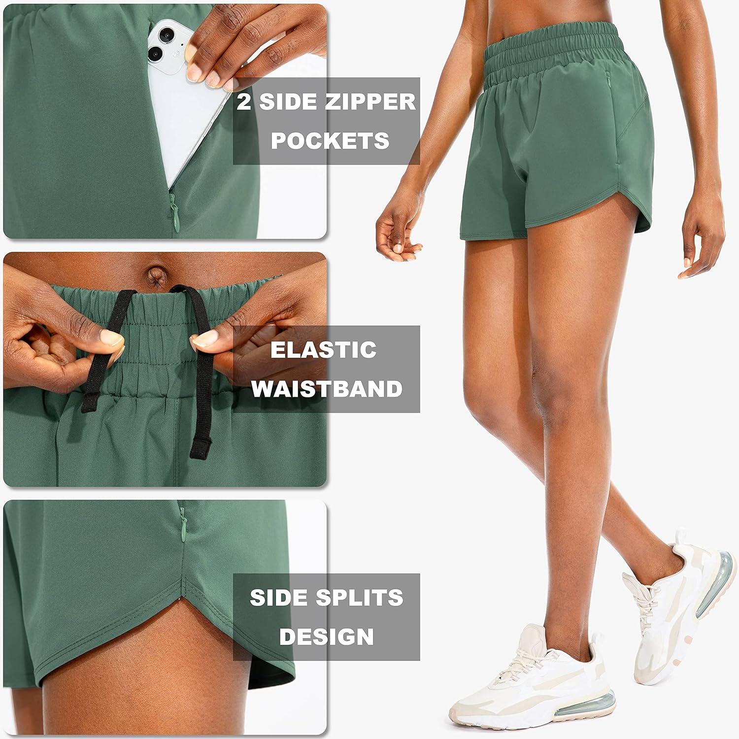 imageSANTINY Womens Running Shorts with Zip Pockets High Waisted Athletic Workout Gym Shorts for Women with LinerPorcelain Green