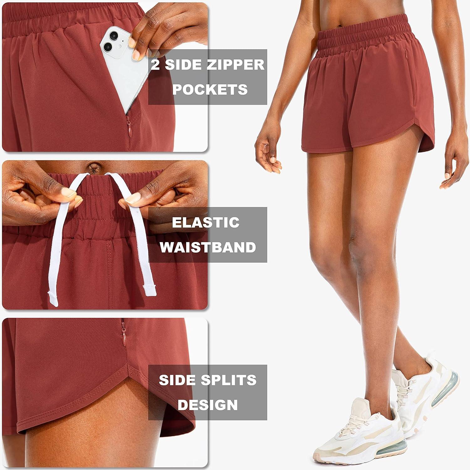 imageSANTINY Womens Running Shorts with Zip Pockets High Waisted Athletic Workout Gym Shorts for Women with LinerSavannah