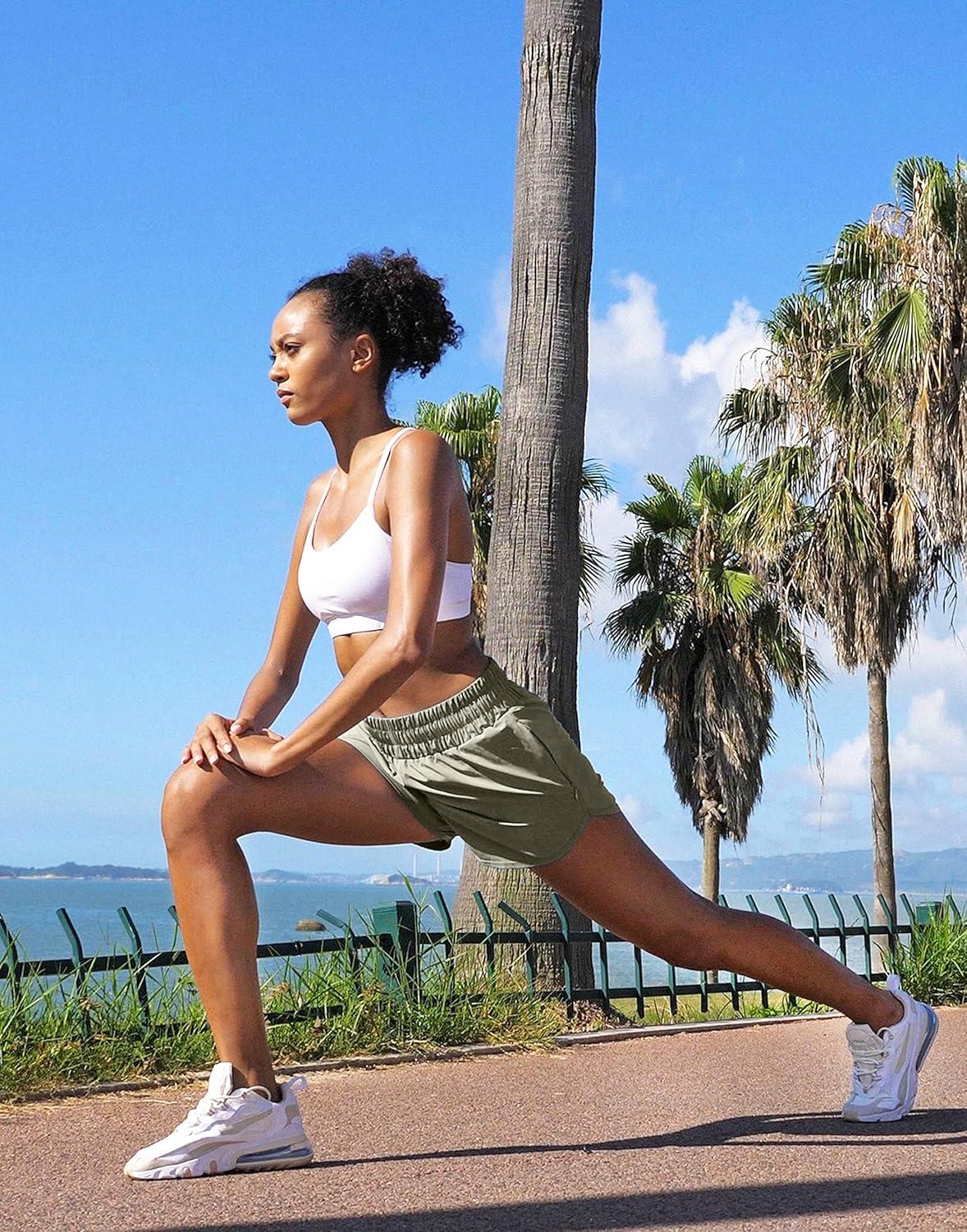 imageSANTINY Womens Running Shorts with Zip Pockets High Waisted Athletic Workout Gym Shorts for Women with LinerSilver Sage