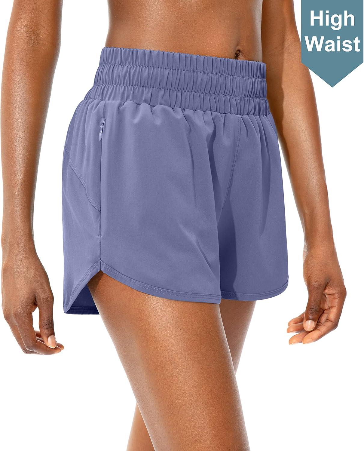 imageSANTINY Womens Running Shorts with Zip Pockets High Waisted Athletic Workout Gym Shorts for Women with LinerSlate Blue