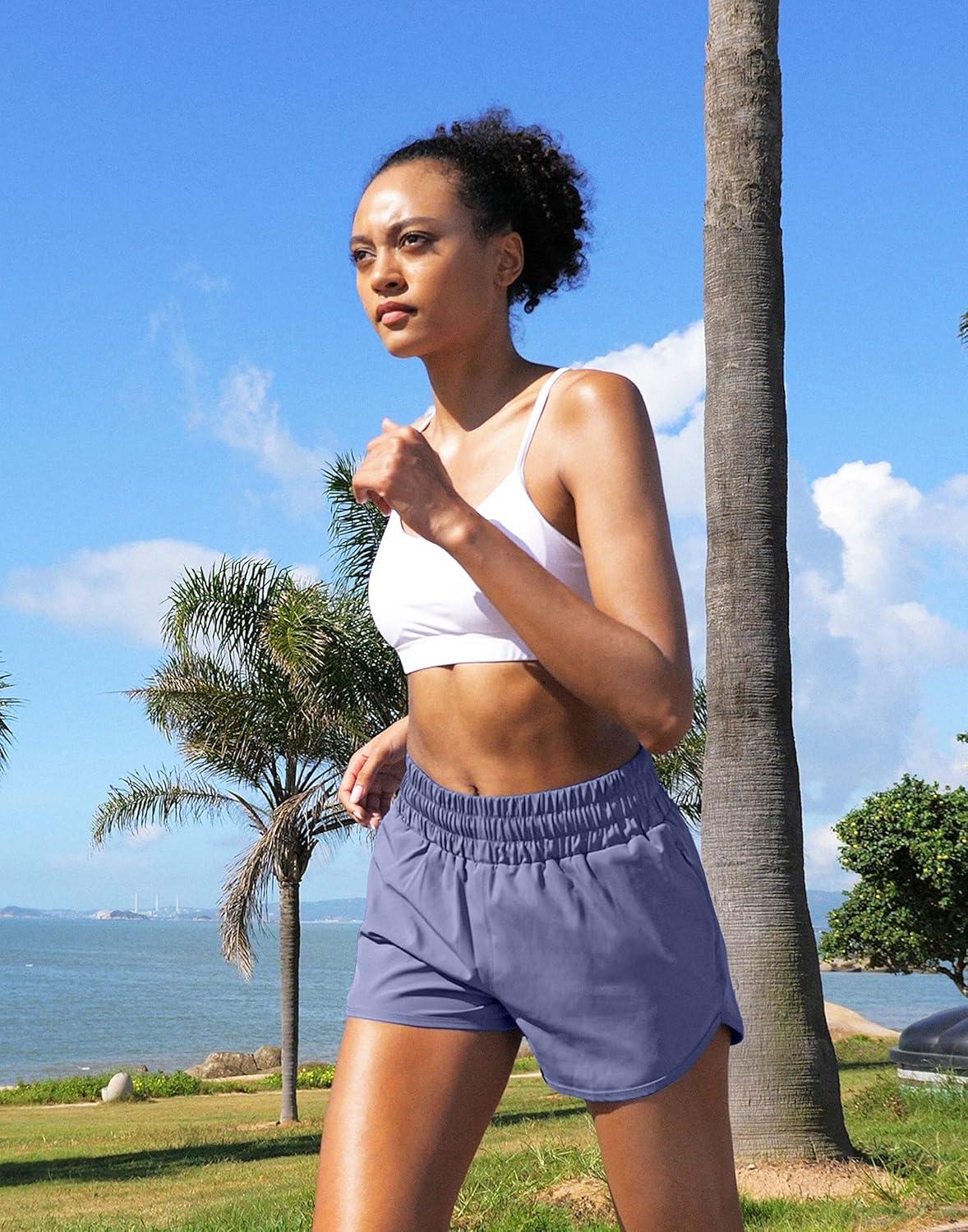 imageSANTINY Womens Running Shorts with Zip Pockets High Waisted Athletic Workout Gym Shorts for Women with LinerSlate Blue