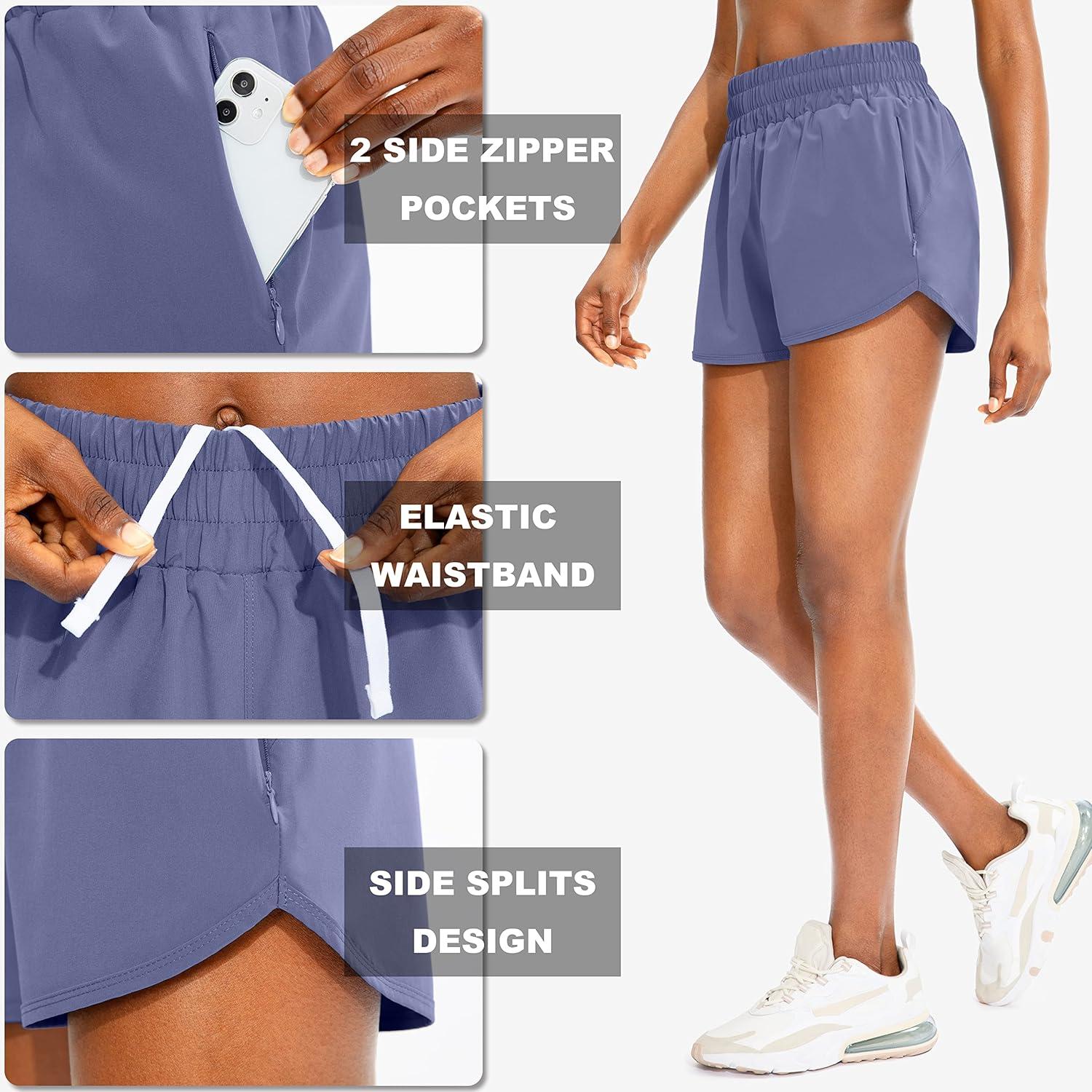 imageSANTINY Womens Running Shorts with Zip Pockets High Waisted Athletic Workout Gym Shorts for Women with LinerSlate Blue