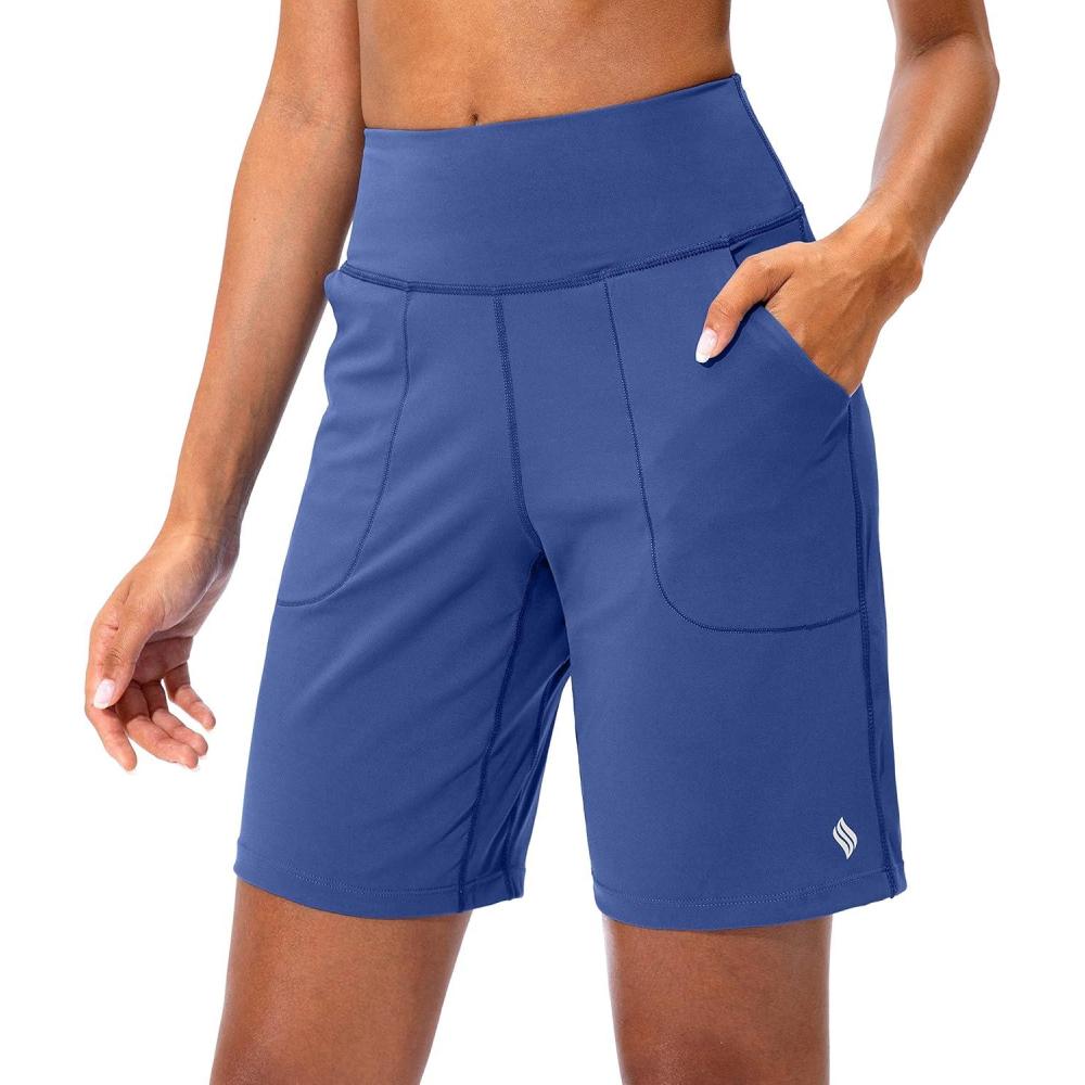 imageSANTINY Bermuda Shorts for Women with Zipper Pocket Womens High Waisted Long Shorts for Running Workout AthleticBlue