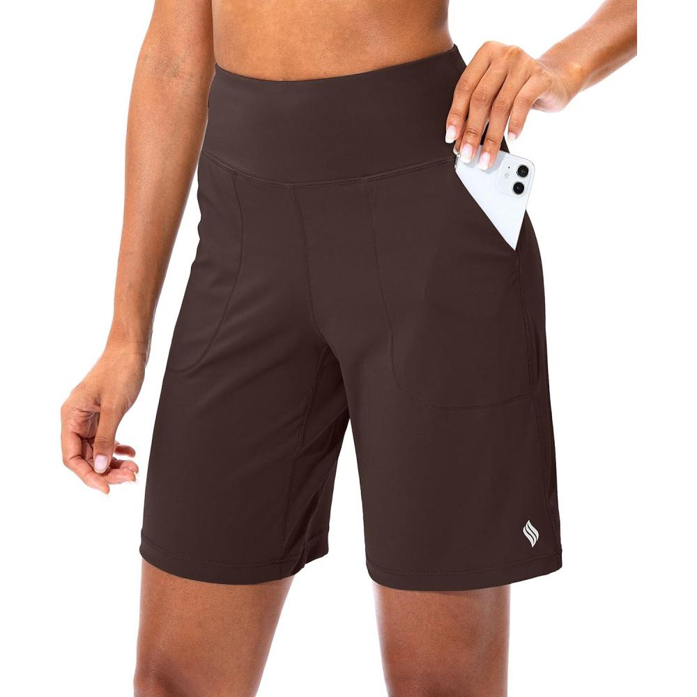 imageSANTINY Bermuda Shorts for Women with Zipper Pocket Womens High Waisted Long Shorts for Running Workout AthleticBrown