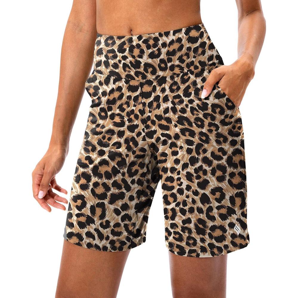 imageSANTINY Bermuda Shorts for Women with Zipper Pocket Womens High Waisted Long Shorts for Running Workout AthleticBrown Leopard