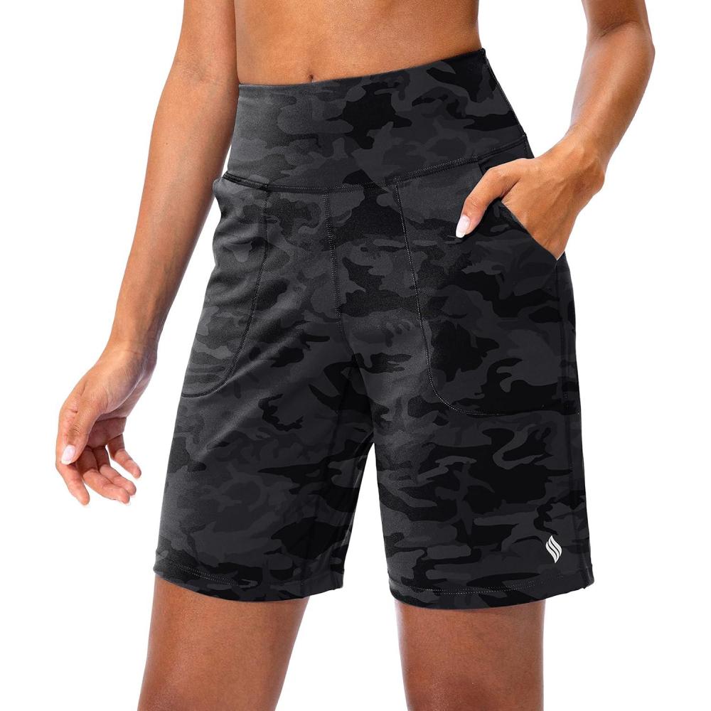 imageSANTINY Bermuda Shorts for Women with Zipper Pocket Womens High Waisted Long Shorts for Running Workout AthleticGrey Camo