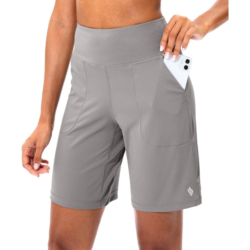 imageSANTINY Bermuda Shorts for Women with Zipper Pocket Womens High Waisted Long Shorts for Running Workout AthleticLight Grey