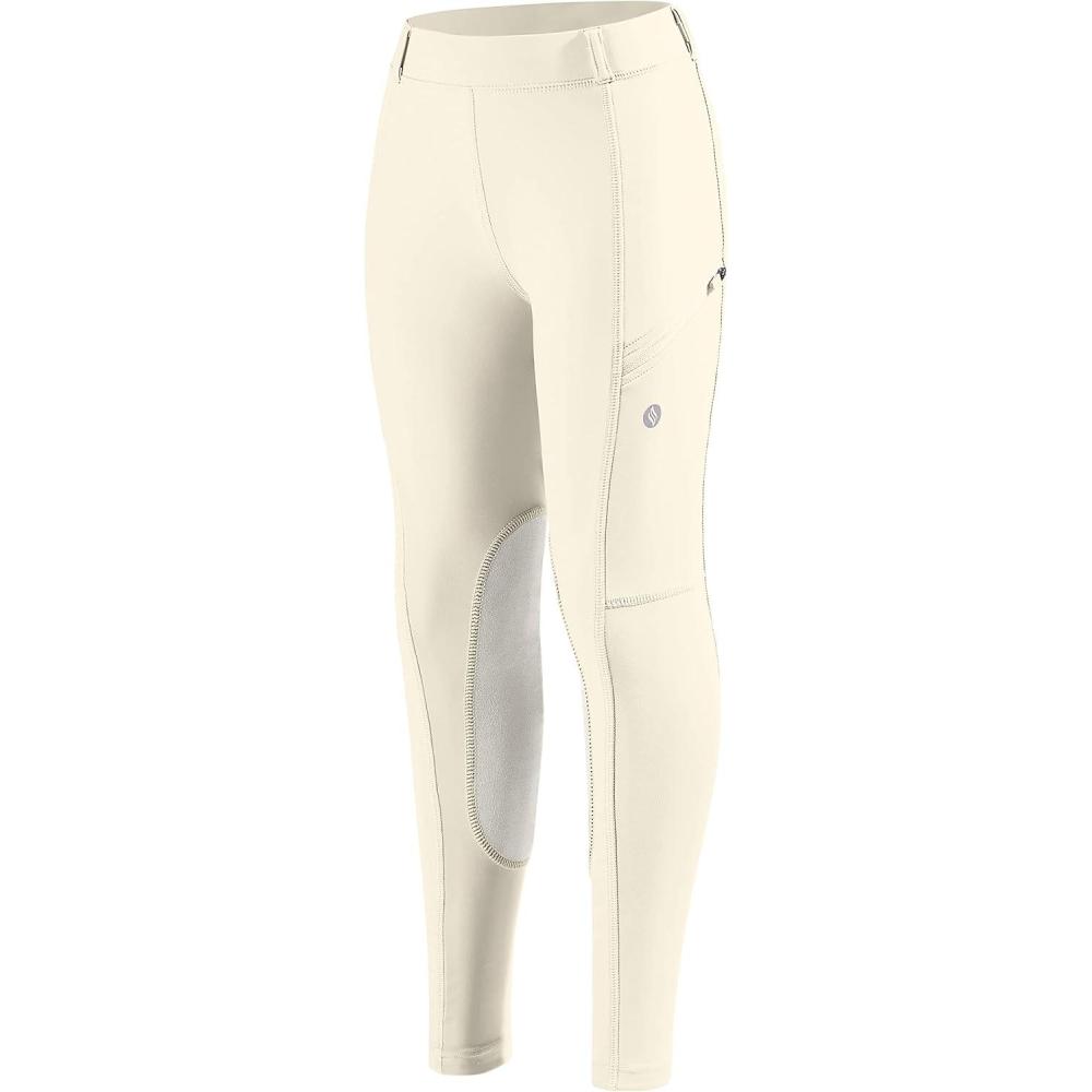 imageSANTINY Girls Horse Riding Pants with Zipper Pockets Kids Stretchy Equestrian Breeches KneePatch Youth Schooling TightsBeige