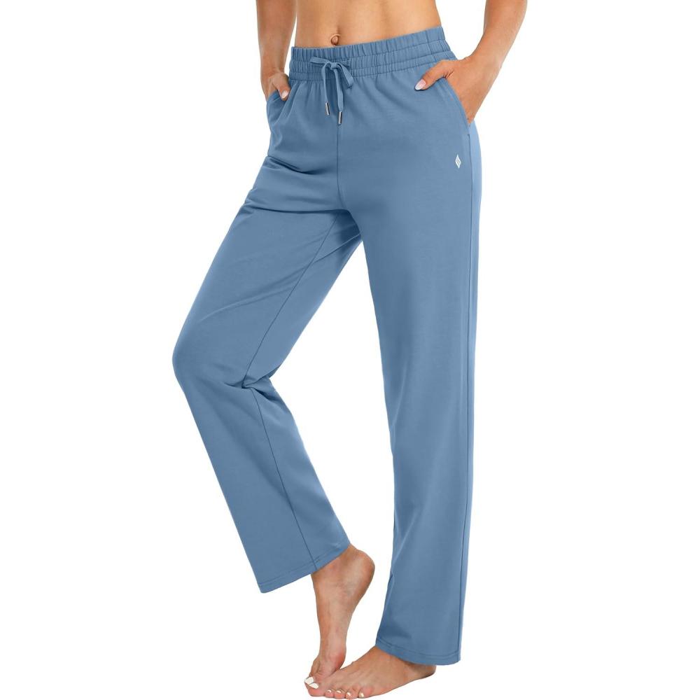 imageSANTINY Womens Cotton Sweatpants Yoga Lounge Casual Pants Open Bottom Sweat Pants for Women with PocketsHaze Blue