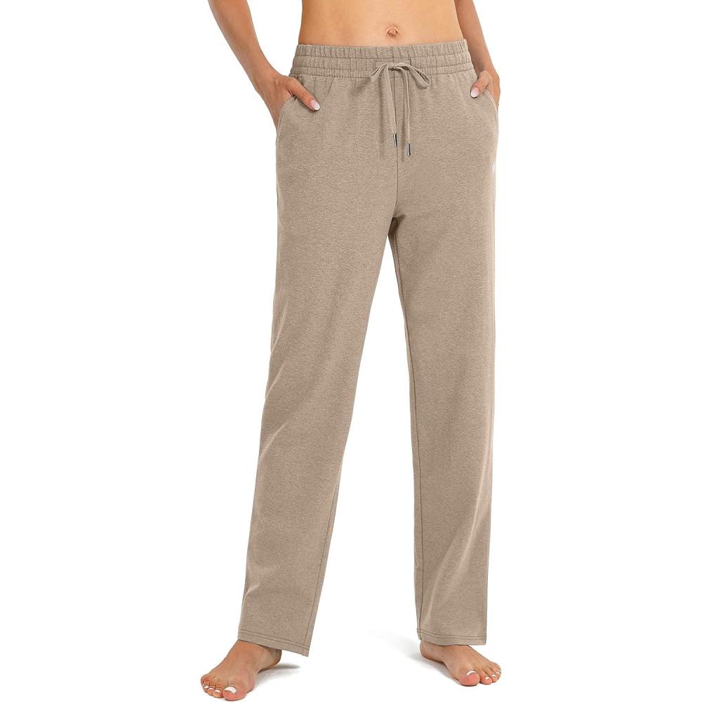 imageSANTINY Womens Cotton Sweatpants Yoga Lounge Casual Pants Open Bottom Sweat Pants for Women with PocketsKhaki