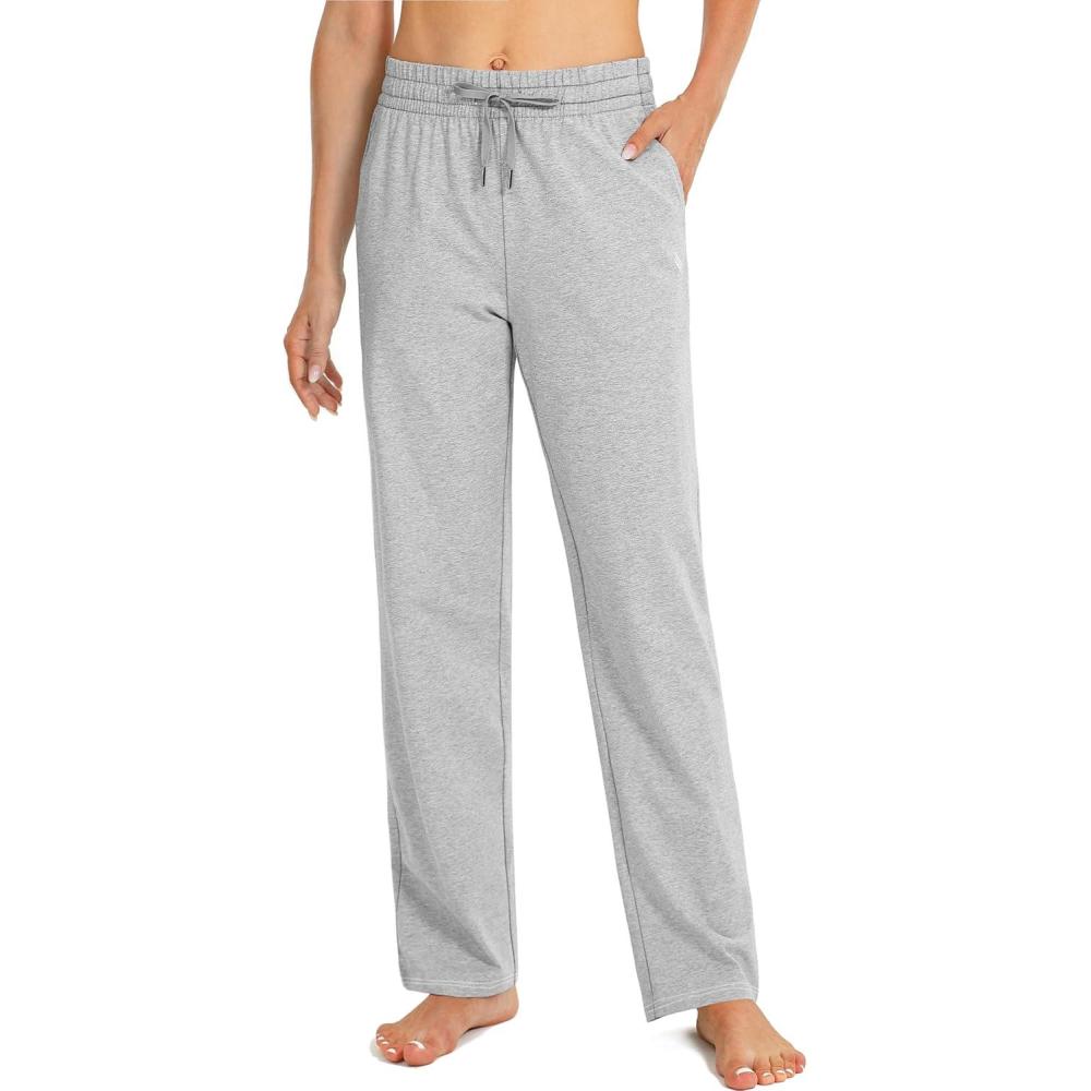 imageSANTINY Womens Cotton Sweatpants Yoga Lounge Casual Pants Open Bottom Sweat Pants for Women with PocketsLight Grey