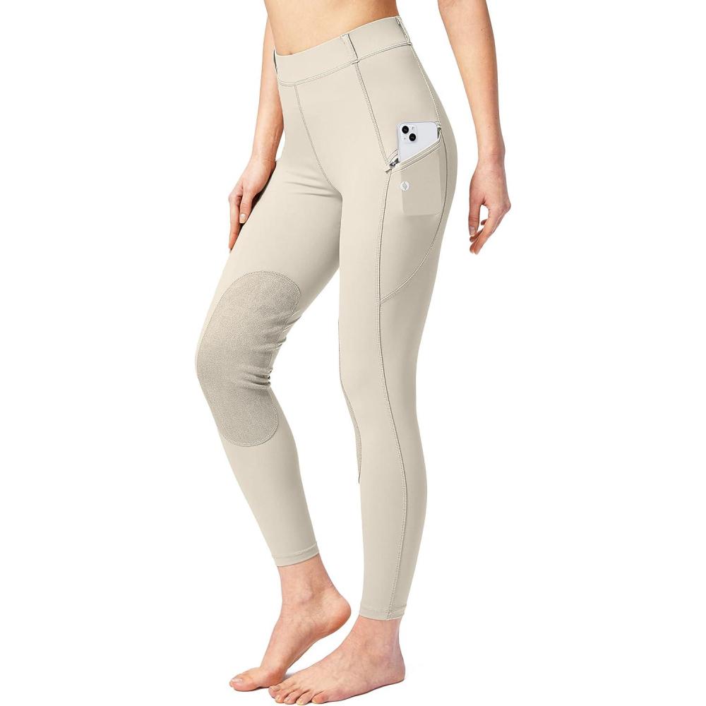 imageSANTINY Womens Horse Riding Pants with Zipper Pockets KneePatch Schooling Tights Equestrian Breeches for WomenBeige