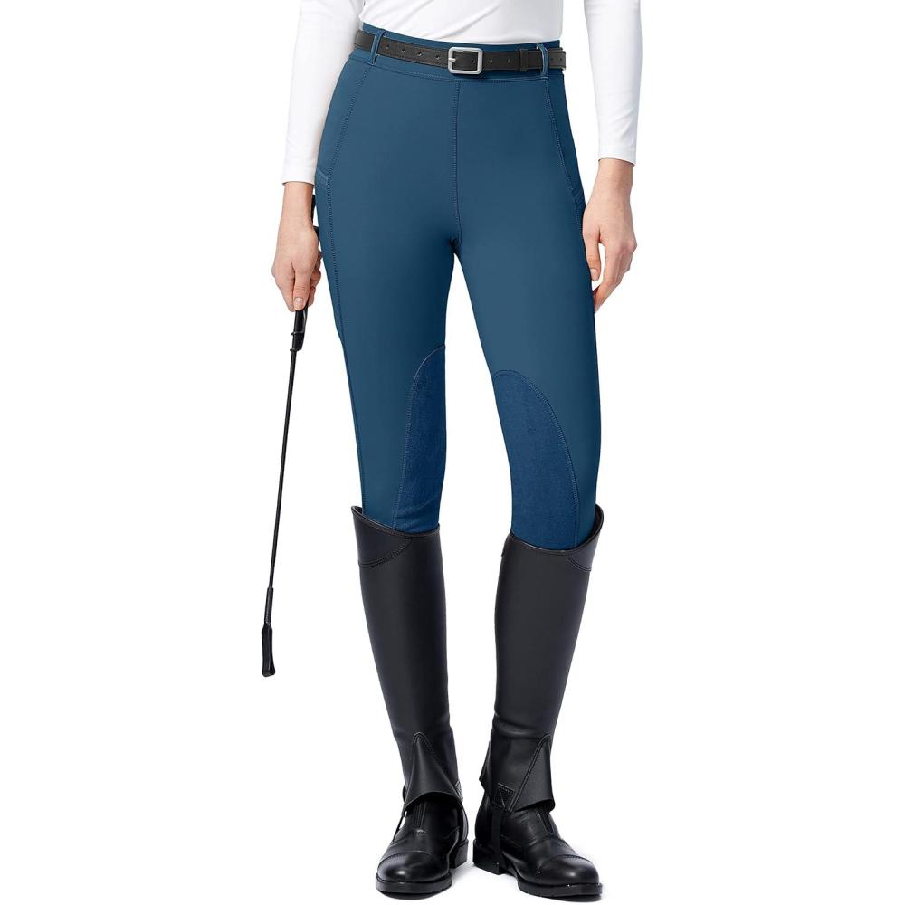 imageSANTINY Womens Horse Riding Pants with Zipper Pockets KneePatch Schooling Tights Equestrian Breeches for WomenBlue