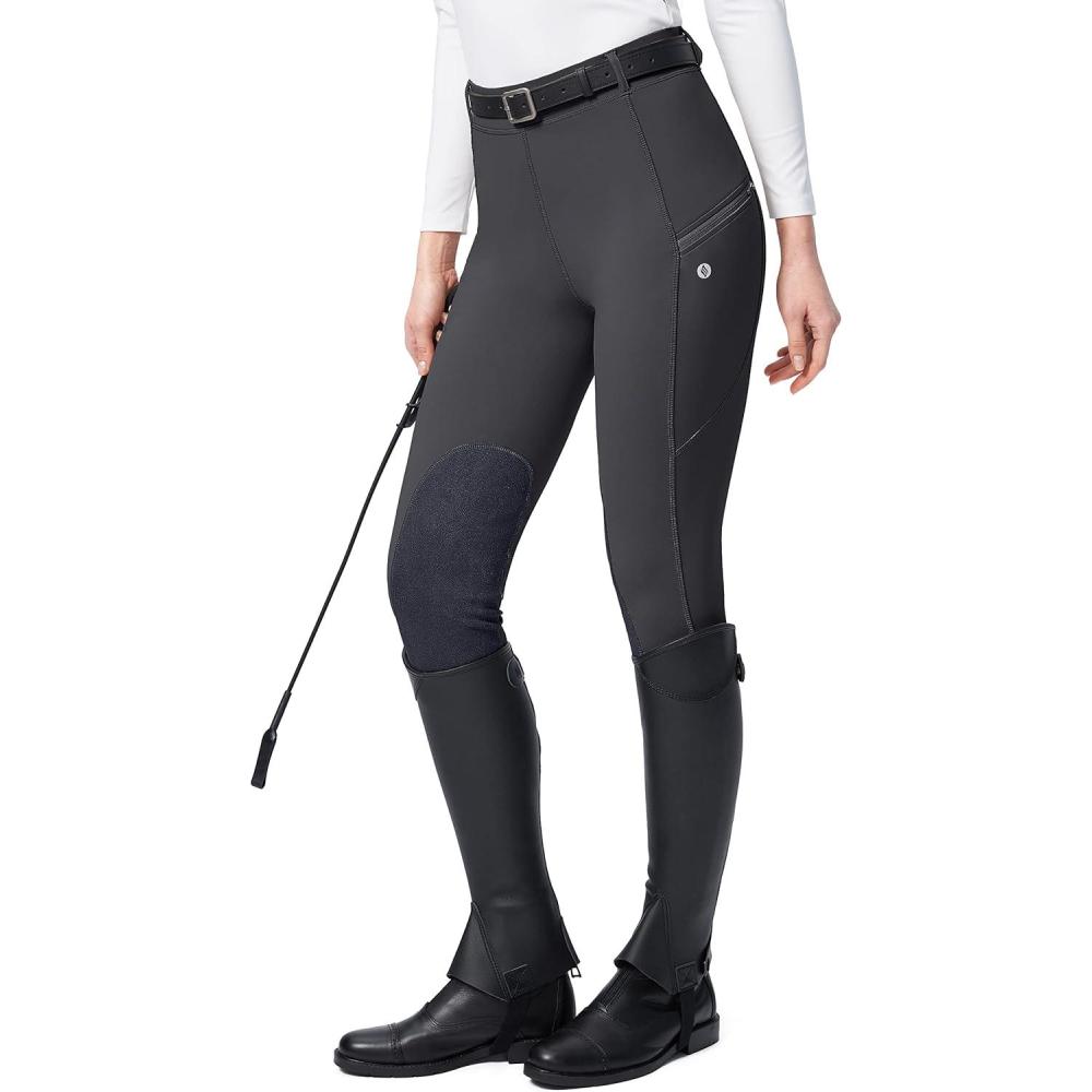 imageSANTINY Womens Horse Riding Pants with Zipper Pockets KneePatch Schooling Tights Equestrian Breeches for WomenDark Grey
