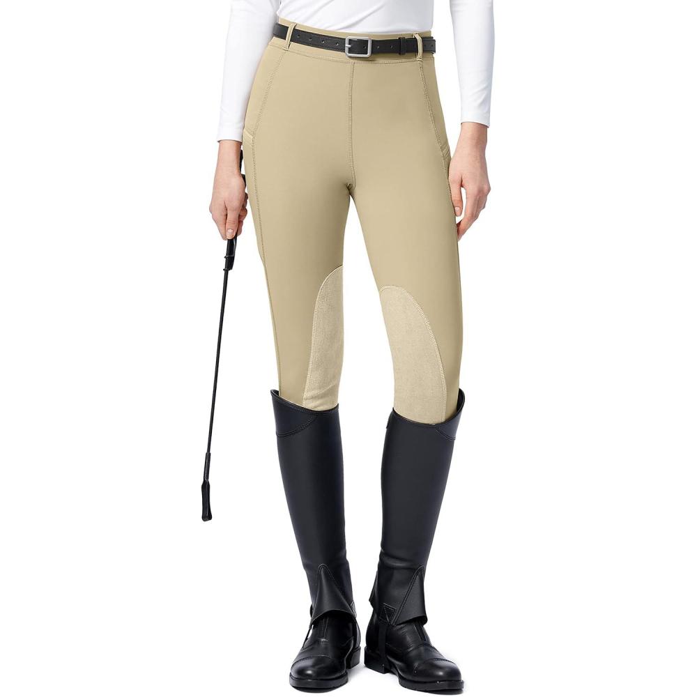 imageSANTINY Womens Horse Riding Pants with Zipper Pockets KneePatch Schooling Tights Equestrian Breeches for WomenKhaki