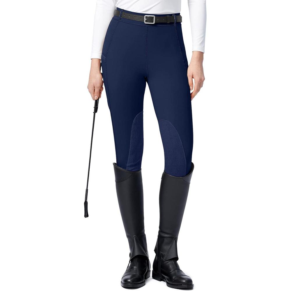 imageSANTINY Womens Horse Riding Pants with Zipper Pockets KneePatch Schooling Tights Equestrian Breeches for WomenNavy