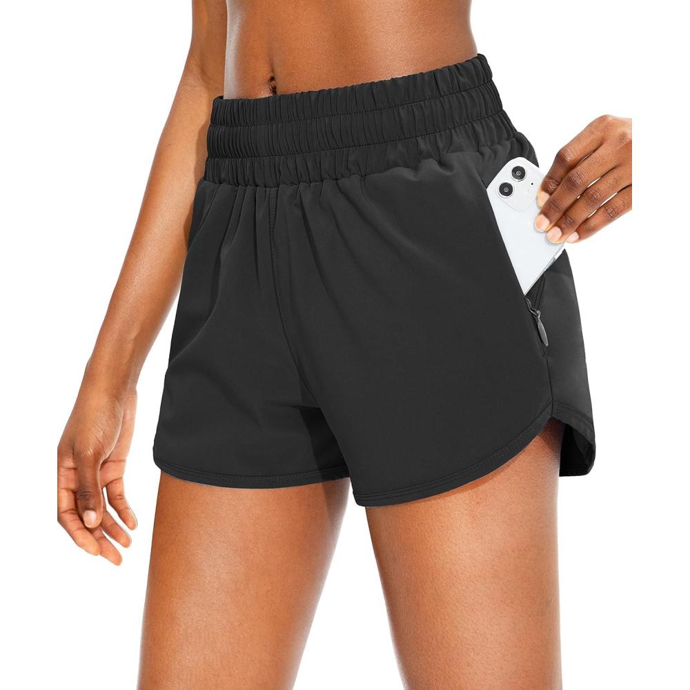 imageSANTINY Womens Running Shorts with Zip Pockets High Waisted Athletic Workout Gym Shorts for Women with LinerBlack
