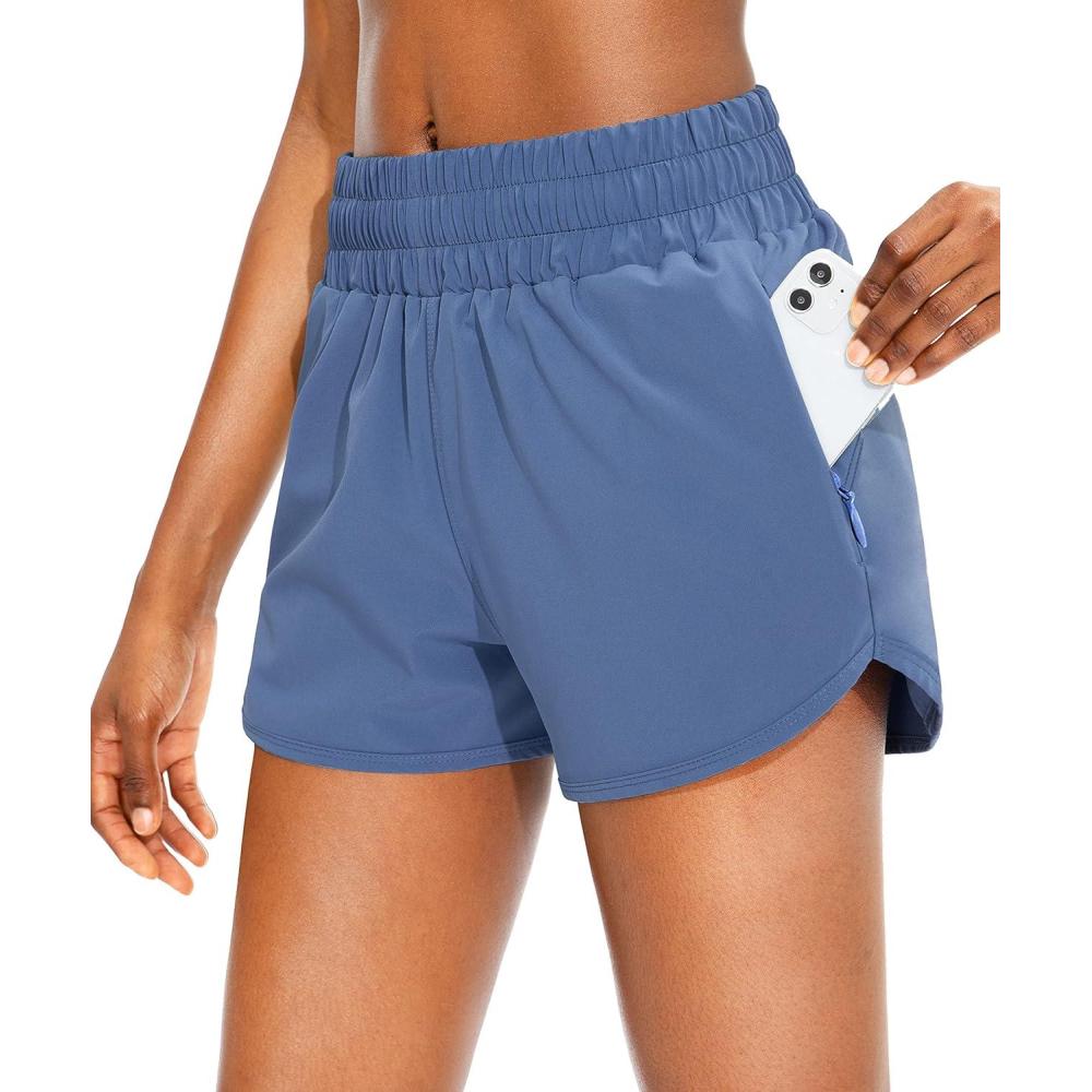 imageSANTINY Womens Running Shorts with Zip Pockets High Waisted Athletic Workout Gym Shorts for Women with LinerBlue