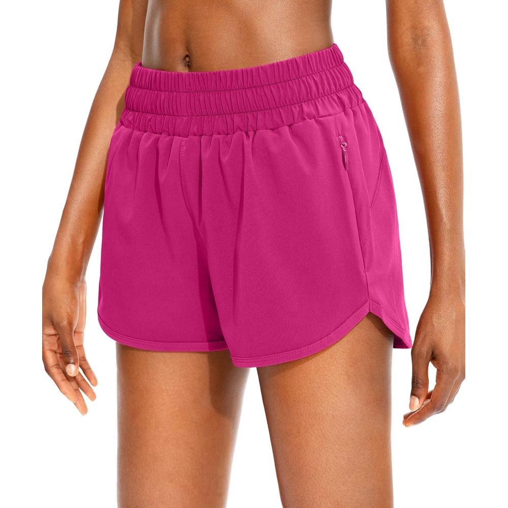 imageSANTINY Womens Running Shorts with Zip Pockets High Waisted Athletic Workout Gym Shorts for Women with LinerRose