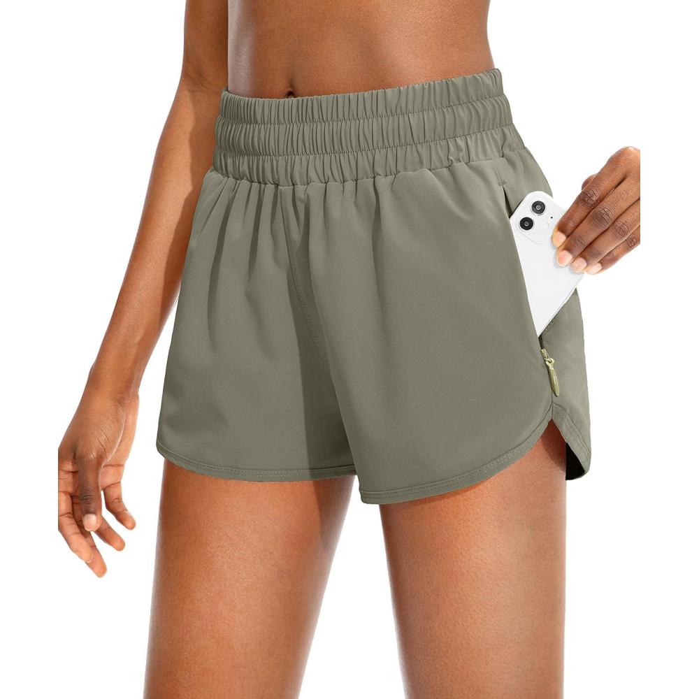 imageSANTINY Womens Running Shorts with Zip Pockets High Waisted Athletic Workout Gym Shorts for Women with LinerSilver Sage
