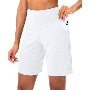 SANTINY Bermuda Shorts for Women with Zipper Pocket Womens High Waisted Long Shorts for Running Workout Athletic(A White)