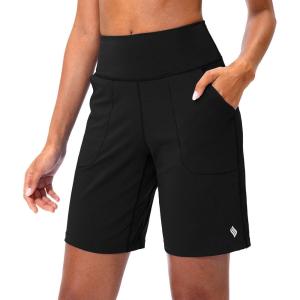 SANTINY Bermuda Shorts for Women with Zipper Pocket Womens High Waisted Long Shorts for Running Workout Athletic(Black)