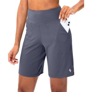 SANTINY Bermuda Shorts for Women with Zipper Pocket Womens High Waisted Long Shorts for Running Workout Athletic(Dusty Blue)