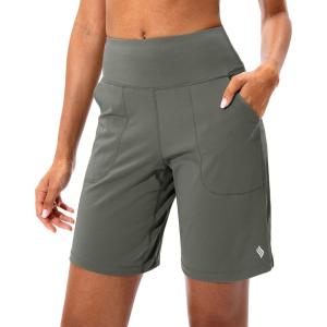 SANTINY Bermuda Shorts for Women with Zipper Pocket Womens High Waisted Long Shorts for Running Workout Athletic(Grey Sage)