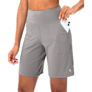 SANTINY Bermuda Shorts for Women with Zipper Pocket Womens High Waisted Long Shorts for Running Workout Athletic(Light Grey)